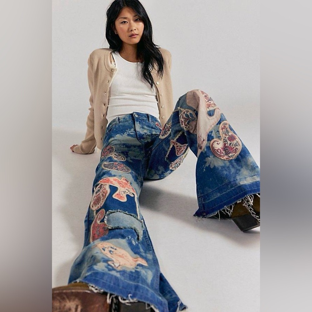 NWT Free People x We The Free Flying High Patchwork Flare/ Wide Leg Jeans~ $348